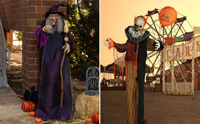 5 Foot Wicked Wanda Talking Animatronic Halloween Prop and 62 Inch Touch Activated Animatronic Clown