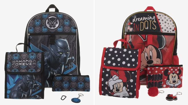 5 Piece Backpack Set Black Panther and Minnie Mouse