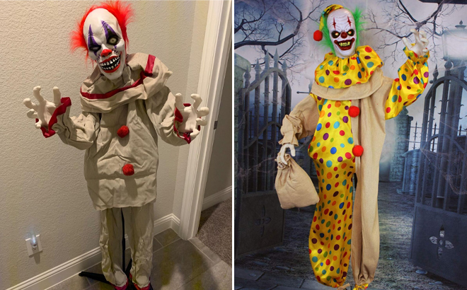 64 5 Inch Harry the Motion Activated Animatronic Killer Clown and 72 Inch Animatronic Creepy Clown with Sack