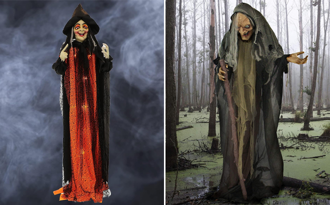 72 Inch Witch in Orange Dress and 63 Inch Poseable Scary Witch
