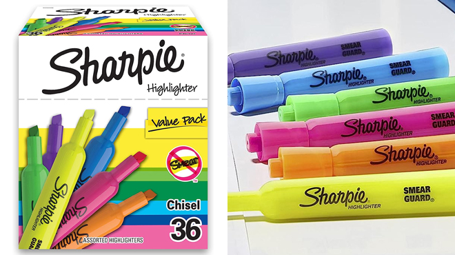 A Box of Sharpie 36 Count Assorted Highlighters on the Left and Sharpie Six Markers in Different Colors on the Right