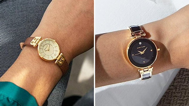 A Hand Wearing Anne Klein Leather Strap Watch on the Left and Anne Klein Bangle Watch on the Right
