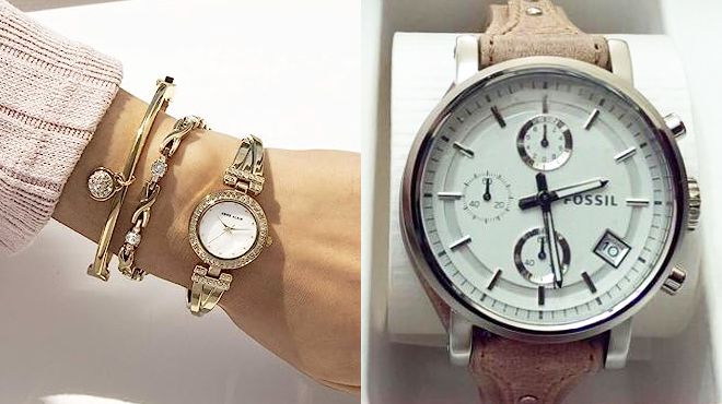 A Hand Wearing Anne Klein Watch Bracelet on the Left and Fossil Original Boyfriend Womens Watch on the Right