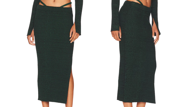 A Woman Wearing Monrow Cosmo Midi Skirt in Deep Forest Color A Woman Wearing Monrow Cosmo Midi Skirt in Deep Forest Color