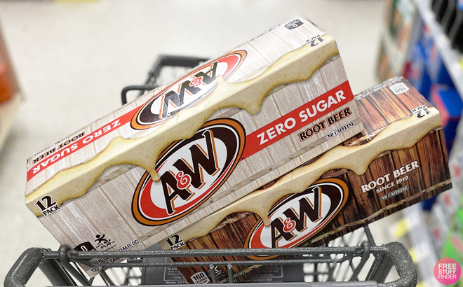 AW Zero Sugar and Root Beer on top of a Shopping Cart