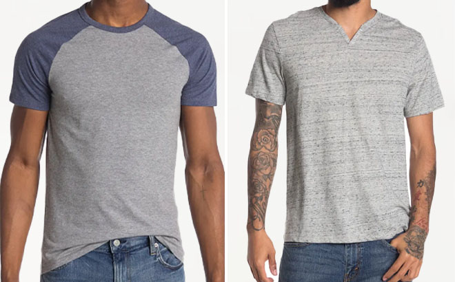 Abound Raglan Sleeve Baseball T Shirt and Short Sleeve Textured Notch Neck Tee on a Gray Background