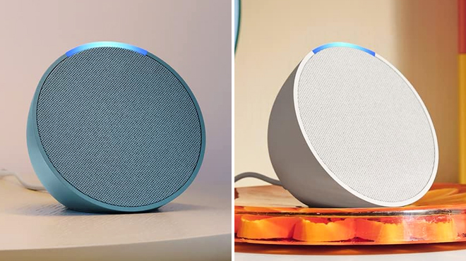 Amazon Echo Pop Smart Speaker in Midnight Teal Color on the Left and Glacier White on the Right