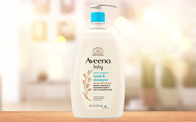 Aveeno Baby Daily Moisture Gentle Bath Wash Shampoo on a Wooden Table