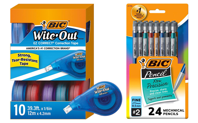 BIC Wite Out Brand EZ Correct Correction Tape 39 3 Feet 10 Count Pack of white Correction Tape and BIC Xtra Precision Mechanical Pencil Metallic Barrel Fine Point 0 5mm 24 Count