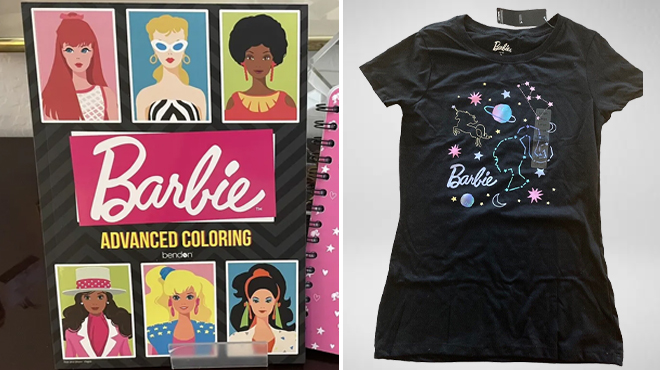 Barbie Advanced Coloring Book on the Left and Barbie Galaxy Graphic Shirt on the Right