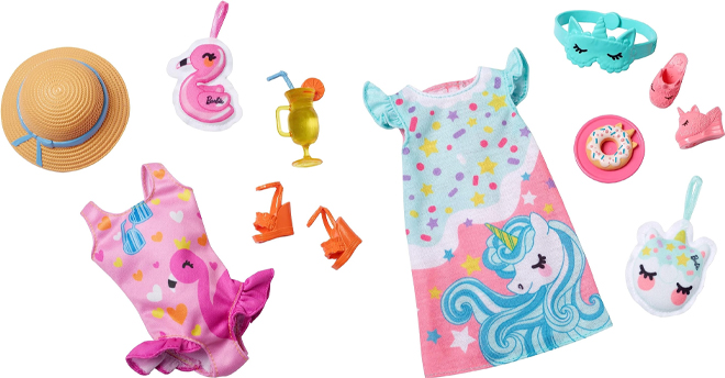 Barbie Clothes Swimsuit Flamingo with Beach Accessories and Pajamas and Slippers with Bedtime Accessories