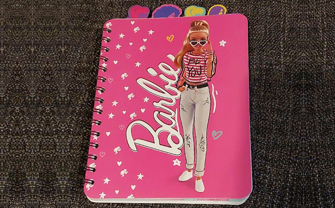 Barbie Tab Spiral Journal on Dark Gray Carpet