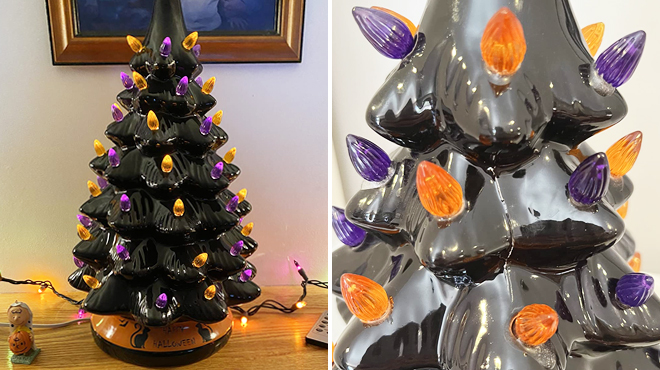 Best Choice Producst Ceramic Halloween Tabletop Tree on the Left and Closer Look at the Same Item on the Right
