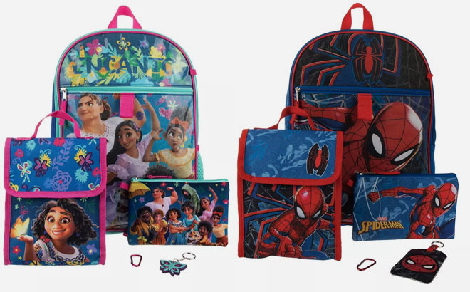 Bioworld Encanto 5 Piece Backpack Set and Spider Man 5 Piece Backpack Set