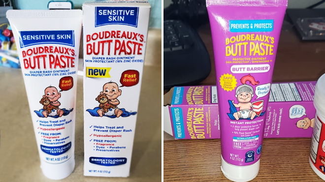 Boudreauxs Sensitive Skin Diaper Rash Cream on the Left and Boudreauxs Butt Barrier Ointment on the Right