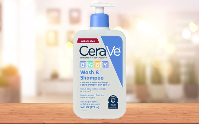 CeraVe Baby Wash Shampoo 16 Ounce on a Wooden Table