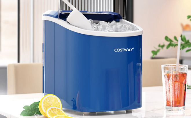 Costway Portable Ice Maker in Blue Color on a Kitchen Countertop