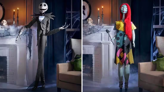 Disney 6 5 Foot Animated Jack Skellington on the Left and Disney 6 Foot Animated Sally on the Right Disney 6 5 Foot Animated Jack Skellington on the Left and Disney 6 Foot Animated Sally on the Right