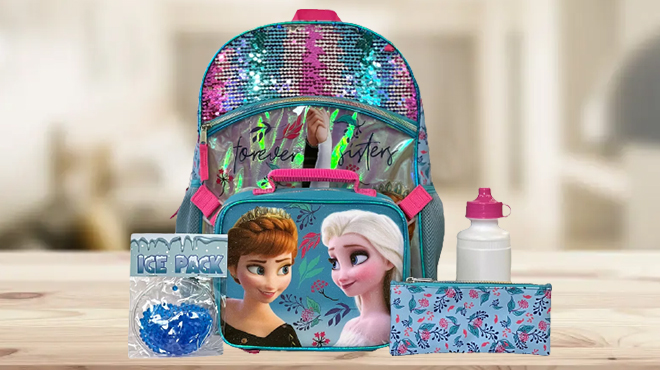 Disney Frozen Kids 5 Piece Backpack Set on a Table