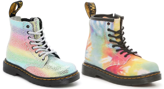 Dr Martens 1460 Kids Boot in Multicolor on the Left and Tie Dye on the Right Dr Martens 1460 Kids Boot in Multicolor on the Left and Tie Dye on the Right