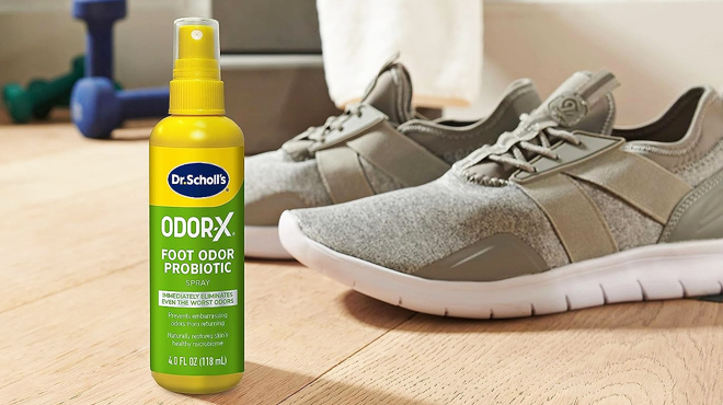 Dr Scholls Probiotic Foot Spray on a Floor with a Pair of Shoes