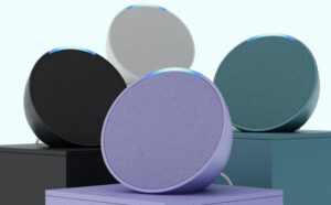 Four Amazon Echo Pop Smart Speakers in Different Colors