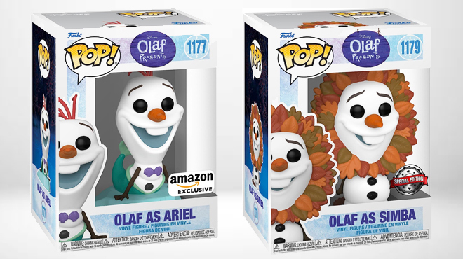 Funko Pop Disney Olaf as Ariel on the left and Funko Pop Disney Olaf as Simba on the right