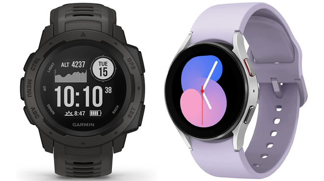Garmin Instinct Outdoor Watch on the Left and Samsung Galaxy Watch 5 on the Right