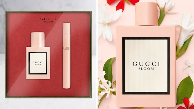 Gucci Bloom Eau de Parfum Travel Spray Set on the Left and a Bottle of Same Item on the Right