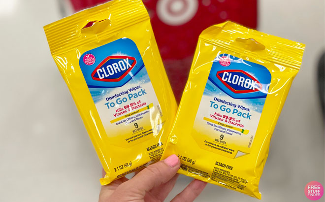 Hand Holding Clorox To Go Pack Disinfecting Wipes in Front of a Cart at Target Store