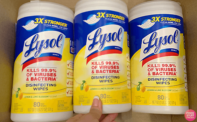 Hand Holding Lysol 80 Count Disinfectant Wipes