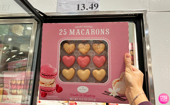 Hand Holding a Box of Le Chic Patissier Heart Macaron 25 Count