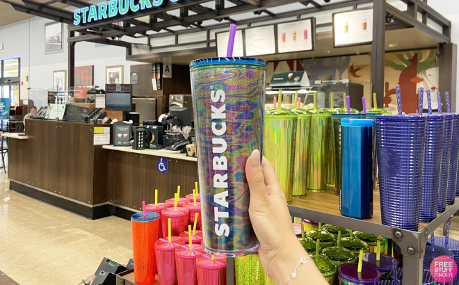Hand Holding a Starbucks Fluorescent Rainbow Cold Cup 24 oz