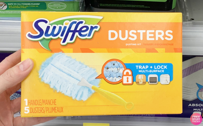 Hand Holding a Swiffer Dusters 6 Piece Dusting Kit
