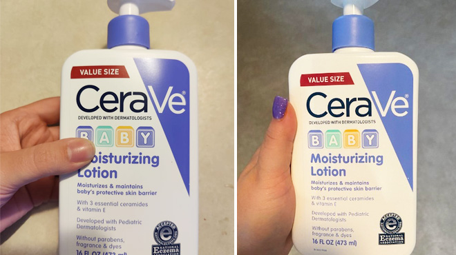 Hands Holding a CeraVe Baby Lotion CeraVe Baby Lotion 16 Ounce Bottle