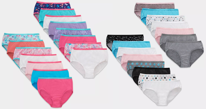 Hanes Girls 15 Pack Panties on the Left and Hipsters on the Right
