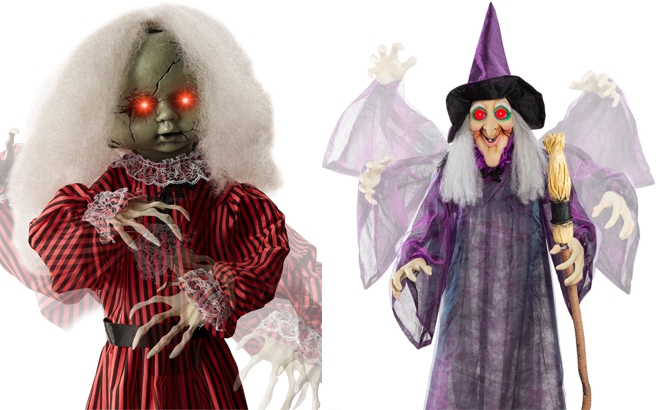 Haunted Holly Animatronic Roaming Doll Halloween Decoration and Wicked Wanda Standing Animatronic Witch with Sounds