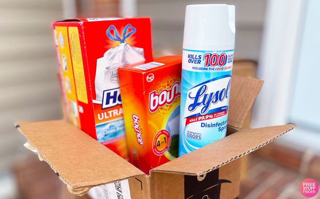 Hefty Trash Bags Bounty Dryer Sheets and Lysol Disinfectant Spray in Amazon Box in Front of the Door Hefty Trash Bags Bounty Dryer Sheets and Lysol Disinfectant Spray in Amazon Box in Front of the Door