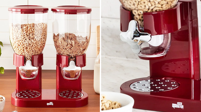 Honey Can Do Double Cereal Dispenser in Red and Chrome Colors on the Left and Closer Look at the Same Item on the Right