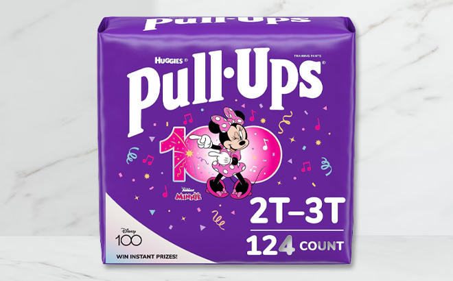 Huggies Girls 124 Count Pull Ups Potty Training Pants on a Marble Surface