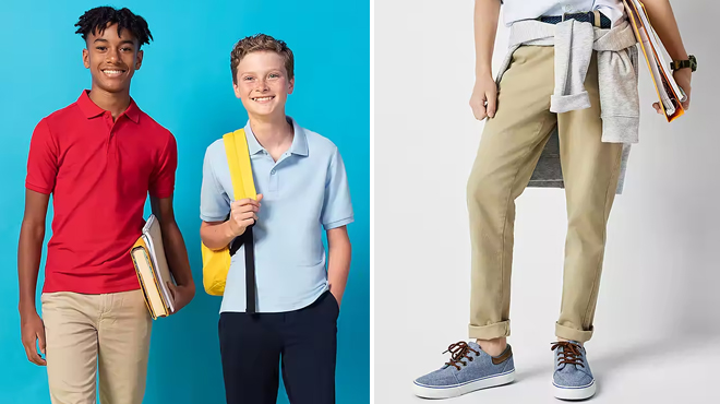 IZOD Boys Short Sleeve Wrinkle Resistant Polo Shirt on the Left and Thereabouts Boys Straight Flat Front Pant on the Right