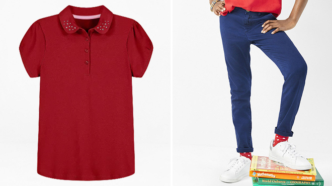 IZOD Girls Short Sleeve Stretch Polo Shirt on the Left and Thereabouts Girls Straight Flat Front Pants on the Right