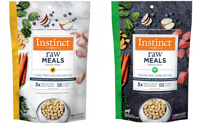 Instinct Freeze Cage Free Chicken Cat Food Bag and Freeze Dried Grass Fed Lamb Dog Food