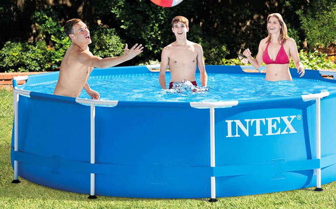 Intex Metal Frame Outdoor Swimming Pool with Adults Playing