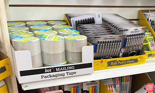 Jot Regular Clear Packing Tape and ClipClicks Ball Point Pens on a Shelf
