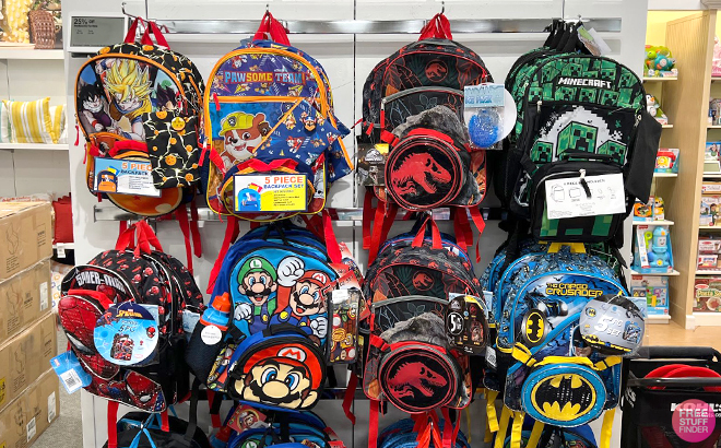 Kids 5 Piece Character Backpack Sets on Hangers