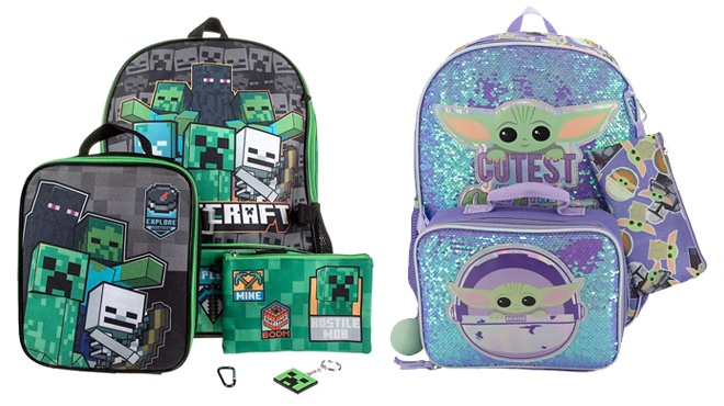Kids Minecraft 5 Piece Backpack Set Set and The Mandalorian 5 Piece Backpack Lunch Box Set