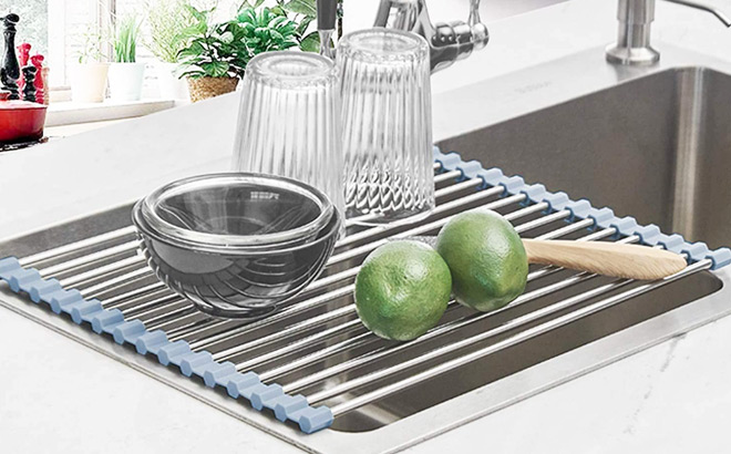 Kitchen Items Placed Over Seropy Roll Up Dish Drying Rack