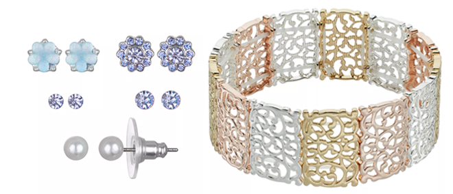 Lauren Conrad Flower Stud Earring Set and Tri Tone Filigree Stretch Bracelet