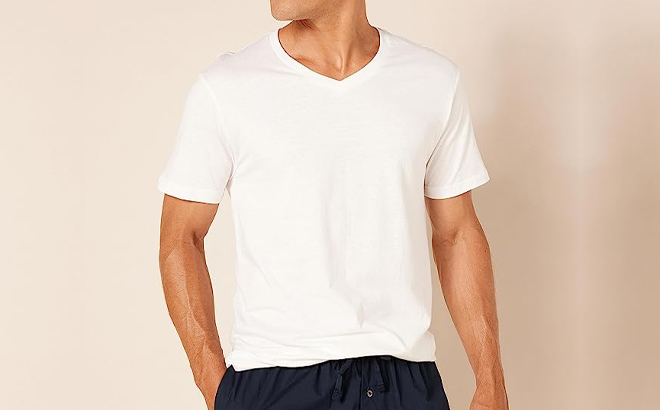 Man Wearing Amazon Essentials V Neck Undershirt in White